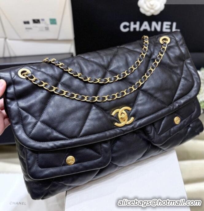 Best Price Chanel Shiny Lambskin Maxi Flap bag with Pockets Black 2025 AS5727 Top Quality
