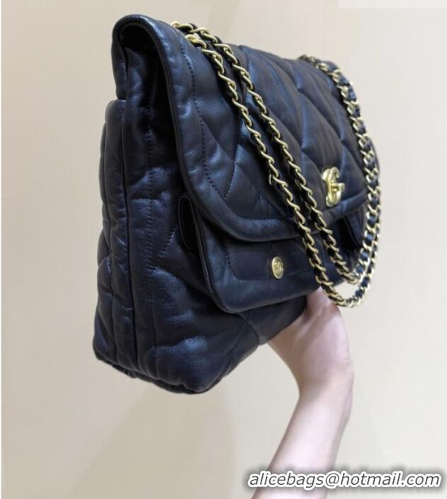 Best Price Chanel Shiny Lambskin Maxi Flap bag with Pockets Black 2025 AS5727 Top Quality