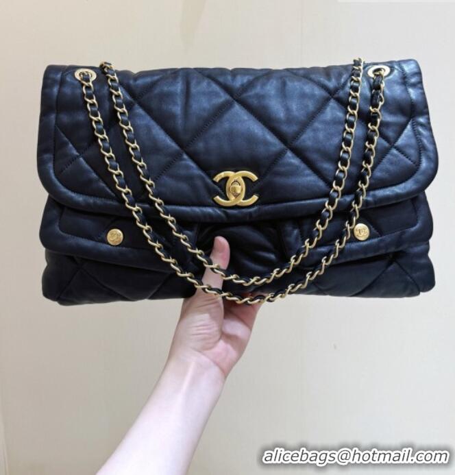 Best Price Chanel Shiny Lambskin Maxi Flap bag with Pockets Black 2025 AS5727 Top Quality