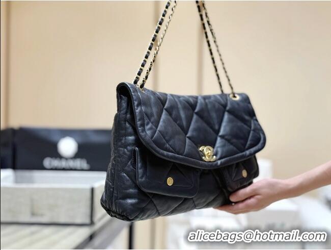 Best Price Chanel Shiny Lambskin Maxi Flap bag with Pockets Black 2025 AS5727 Top Quality
