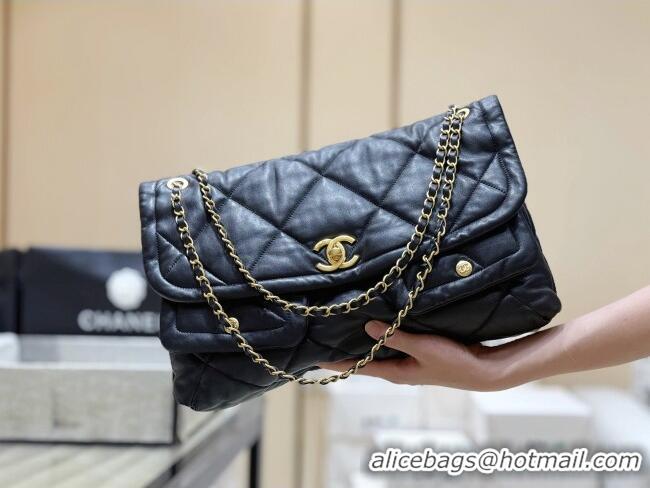 Best Price Chanel Shiny Lambskin Maxi Flap bag with Pockets Black 2025 AS5727 Top Quality