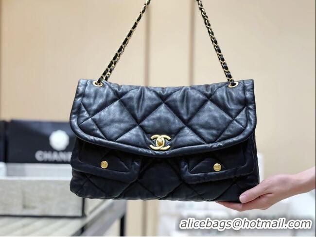 Best Price Chanel Shiny Lambskin Maxi Flap bag with Pockets Black 2025 AS5727 Top Quality