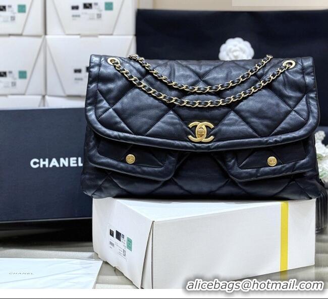 Best Price Chanel Shiny Lambskin Maxi Flap bag with Pockets Black 2025 AS5727 Top Quality