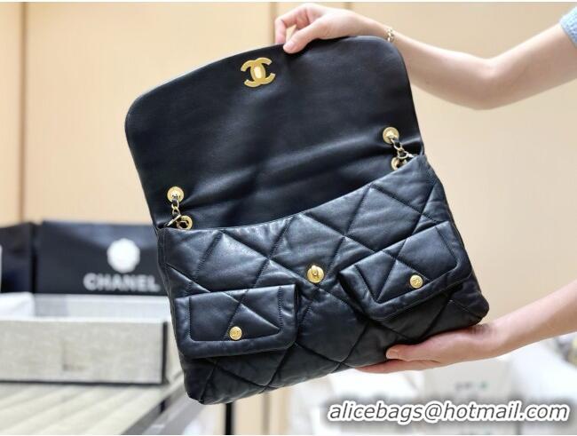 Best Price Chanel Shiny Lambskin Maxi Flap bag with Pockets Black 2025 AS5727 Top Quality