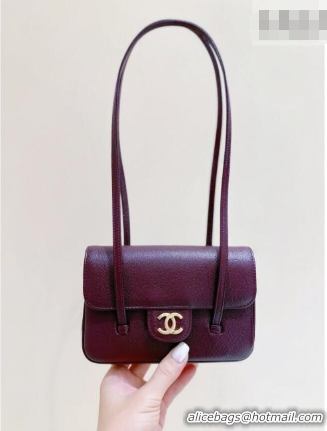Inexpensive Chanel Grained Shiny Calfskin Clutch with Leather Strap AP5068 Burgundy 2026 Top Quality