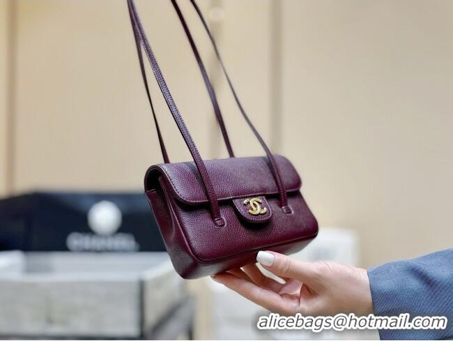 Inexpensive Chanel Grained Shiny Calfskin Clutch with Leather Strap AP5068 Burgundy 2026 Top Quality