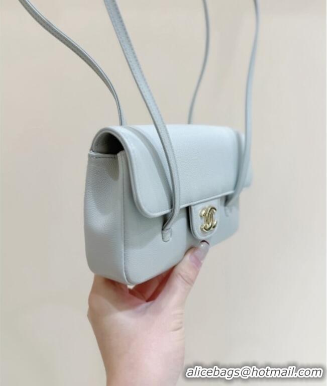 Classic Chanel Grained Shiny Calfskin Clutch with Leather Strap AP5068 Light Blue 2026 Top Quality