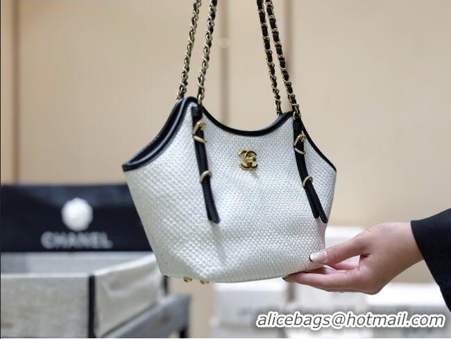 Famous Brand Chanel Braided Straw Small Shopping Tote Bag AS6015 White 2026 Top Quality