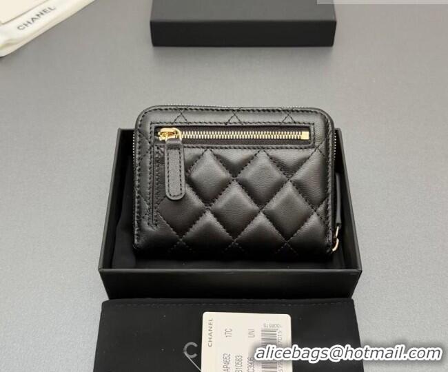Inexpensive Chanel Zipped Short Wallet in Lambskin Leather AP4652 Black/Gold 2026