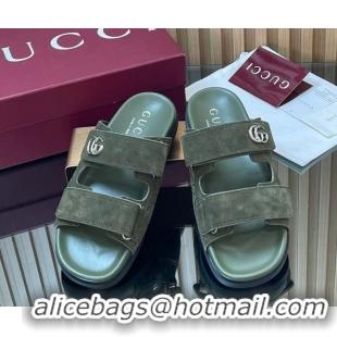 Best Grade Gucci Suede Flat Slides Sandal with Strap GG030501 Green 2026