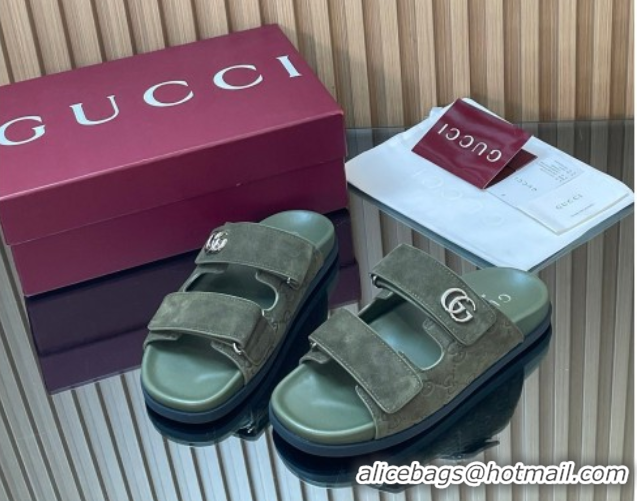 Best Grade Gucci Suede Flat Slides Sandal with Strap GG030501 Green 2026