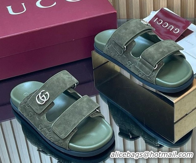Best Grade Gucci Suede Flat Slides Sandal with Strap GG030501 Green 2026