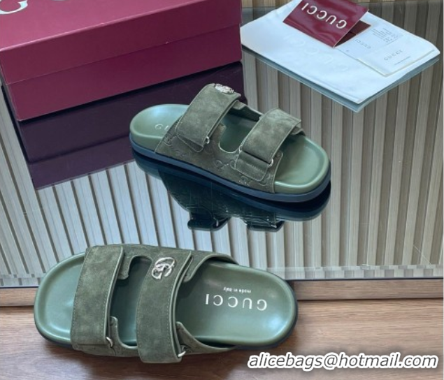 Best Grade Gucci Suede Flat Slides Sandal with Strap GG030501 Green 2026