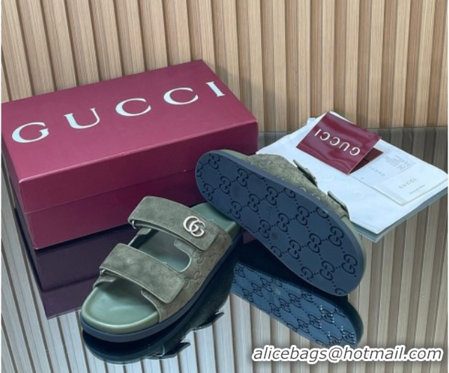 Best Grade Gucci Suede Flat Slides Sandal with Strap GG030501 Green 2026