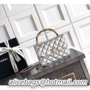 Best Product Chanel Lambskin Leather Clutch with Chain and Pearls Handle AP4976 Silver 2026