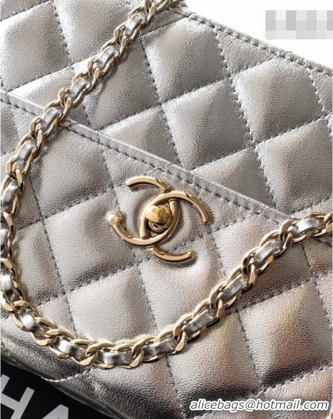 Best Product Chanel Lambskin Leather Clutch with Chain and Pearls Handle AP4976 Silver 2026