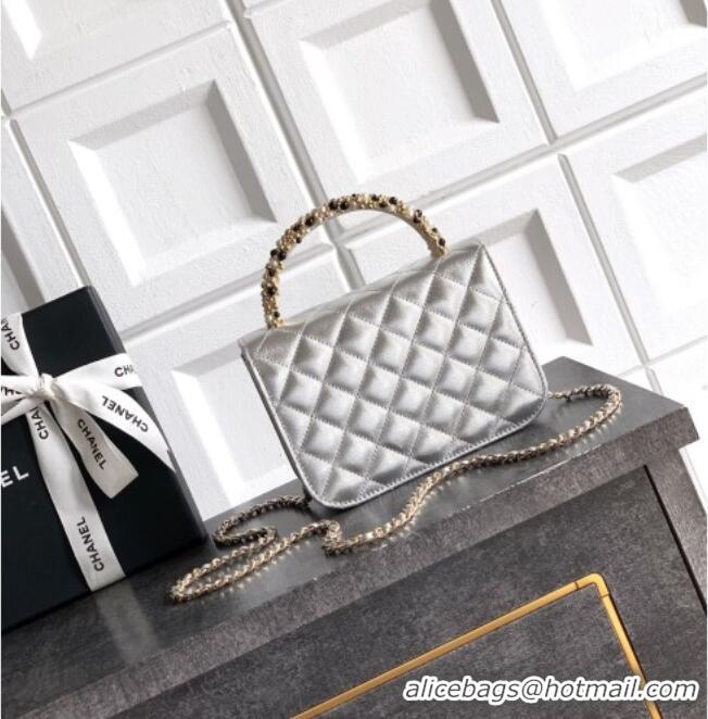 Best Product Chanel Lambskin Leather Clutch with Chain and Pearls Handle AP4976 Silver 2026