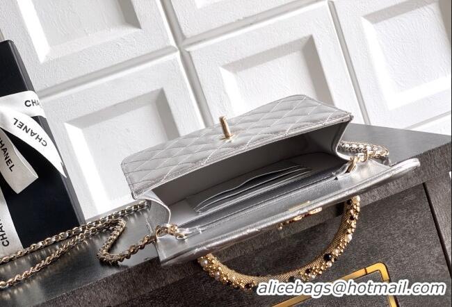 Best Product Chanel Lambskin Leather Clutch with Chain and Pearls Handle AP4976 Silver 2026