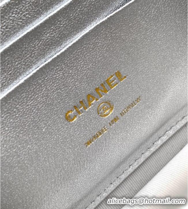 Best Product Chanel Lambskin Leather Clutch with Chain and Pearls Handle AP4976 Silver 2026