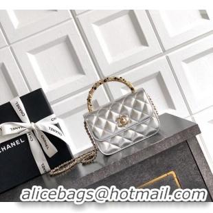 Buy Classic Chanel Lambskin Leather Clutch with Chain and Pearls Handle AP4975 Silver 2026