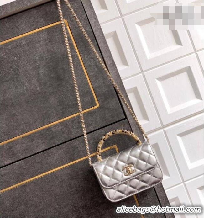 Buy Classic Chanel Lambskin Leather Clutch with Chain and Pearls Handle AP4975 Silver 2026