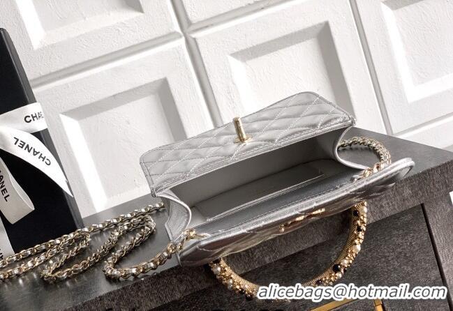 Buy Classic Chanel Lambskin Leather Clutch with Chain and Pearls Handle AP4975 Silver 2026