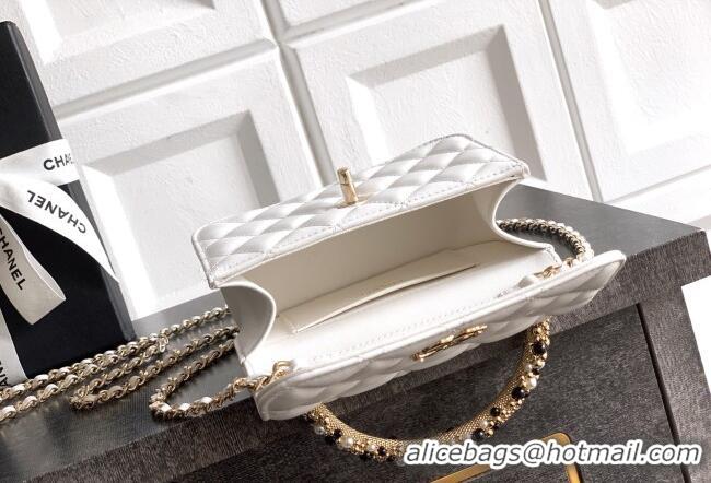 Luxury Cheap Chanel Lambskin Leather Clutch with Chain and Pearls Handle AP4975 White 2026
