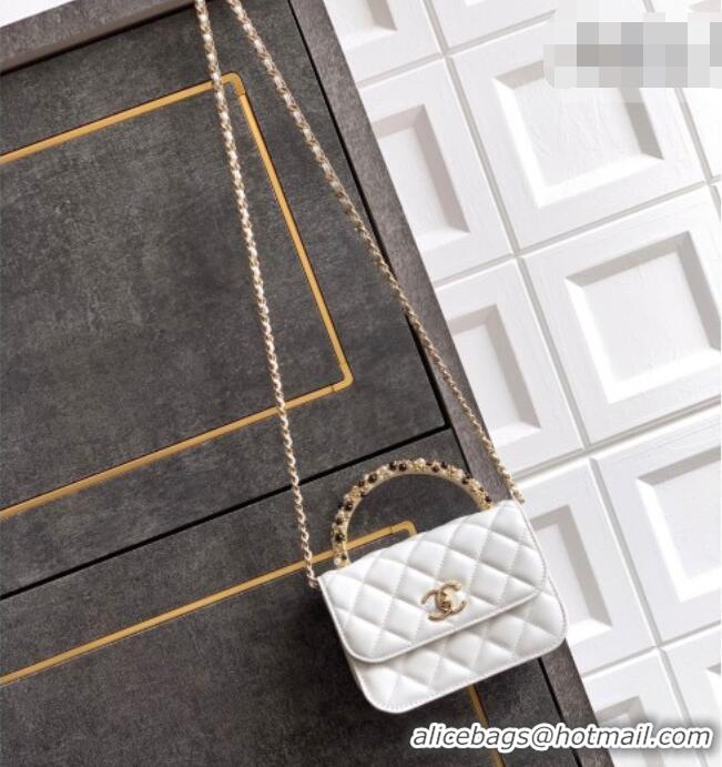 Luxury Cheap Chanel Lambskin Leather Clutch with Chain and Pearls Handle AP4975 White 2026