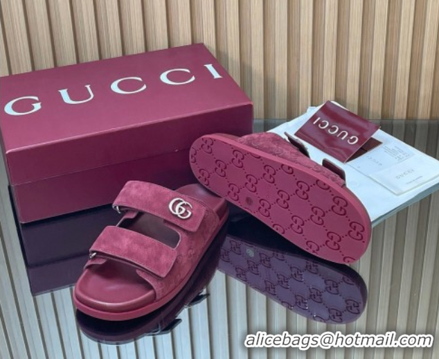 Unique Style Gucci Suede Flat Slides Sandal with Strap GG030501 Burgundy 2026