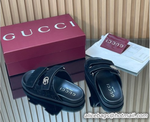 Best Product Gucci Suede Flat Slides Sandal with Strap GG030501 Black 2026