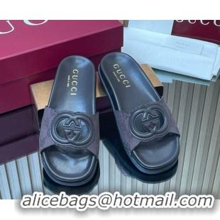 Charming Gucci GG Canvas Interlocking G Flat Slides Sandal GG030502 Dark Brown 2026 
