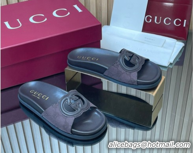 Charming Gucci GG Canvas Interlocking G Flat Slides Sandal GG030502 Dark Brown 2026 