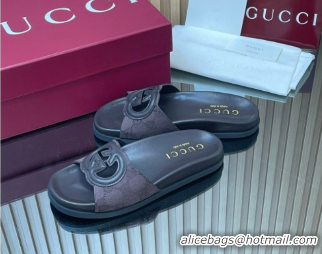 Charming Gucci GG Canvas Interlocking G Flat Slides Sandal GG030502 Dark Brown 2026 