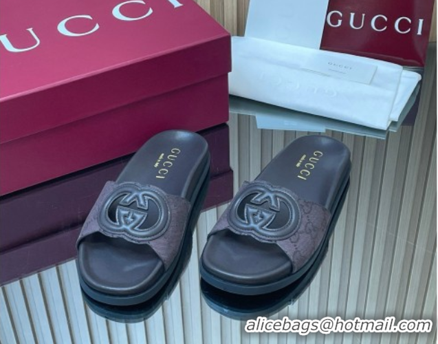 Charming Gucci GG Canvas Interlocking G Flat Slides Sandal GG030502 Dark Brown 2026 