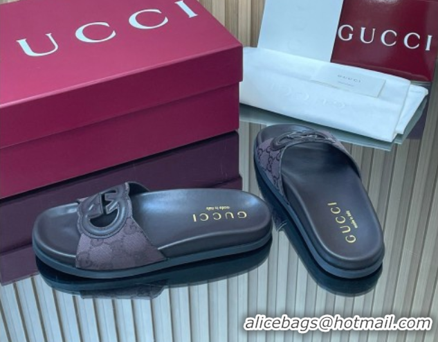Charming Gucci GG Canvas Interlocking G Flat Slides Sandal GG030502 Dark Brown 2026 