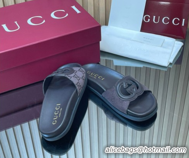 Charming Gucci GG Canvas Interlocking G Flat Slides Sandal GG030502 Dark Brown 2026 
