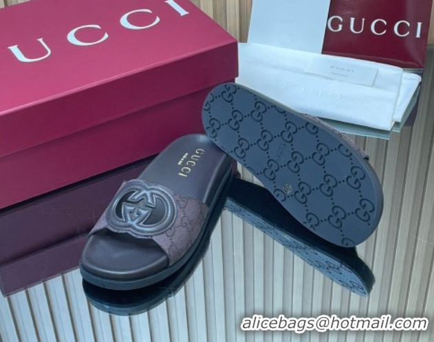 Charming Gucci GG Canvas Interlocking G Flat Slides Sandal GG030502 Dark Brown 2026 