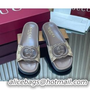Top Design Gucci GG Canvas Interlocking G Flat Slides Sandal GG030502 Beige 2026