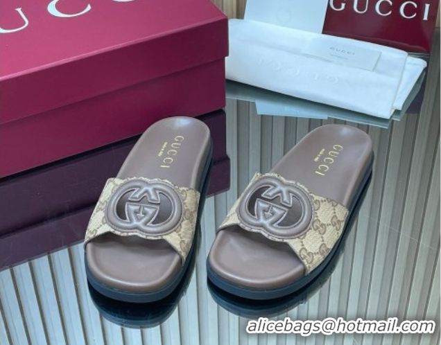 Top Design Gucci GG Canvas Interlocking G Flat Slides Sandal GG030502 Beige 2026