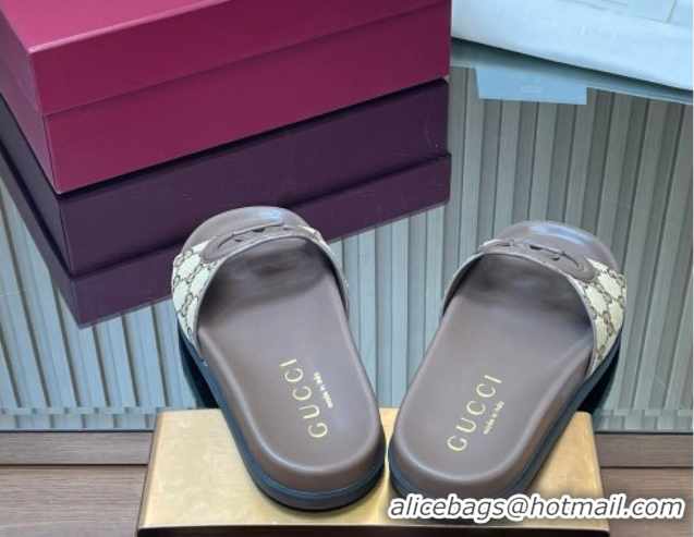 Top Design Gucci GG Canvas Interlocking G Flat Slides Sandal GG030502 Beige 2026