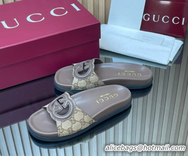 Top Design Gucci GG Canvas Interlocking G Flat Slides Sandal GG030502 Beige 2026