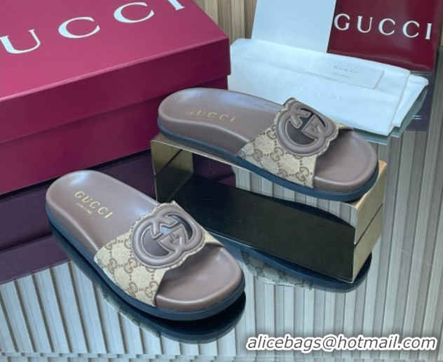 Top Design Gucci GG Canvas Interlocking G Flat Slides Sandal GG030502 Beige 2026