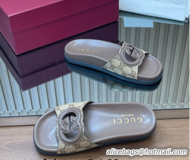 Top Design Gucci GG Canvas Interlocking G Flat Slides Sandal GG030502 Beige 2026