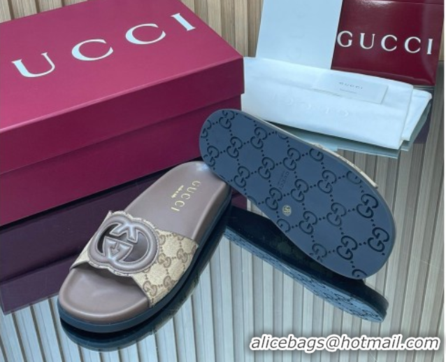 Top Design Gucci GG Canvas Interlocking G Flat Slides Sandal GG030502 Beige 2026