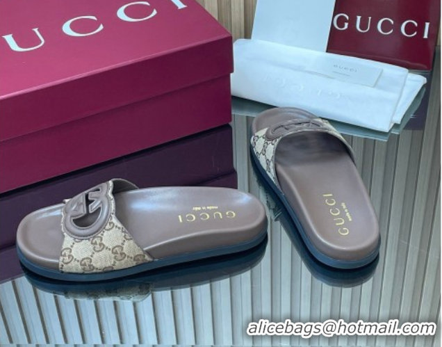 Top Design Gucci GG Canvas Interlocking G Flat Slides Sandal GG030502 Beige 2026
