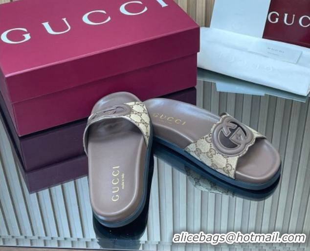 Top Design Gucci GG Canvas Interlocking G Flat Slides Sandal GG030502 Beige 2026