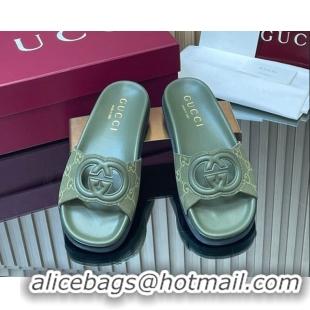 Shop Duplicate Gucci GG Canvas Interlocking G Flat Slides Sandal GG030502 Green 2026