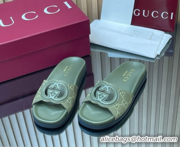 Shop Duplicate Gucci GG Canvas Interlocking G Flat Slides Sandal GG030502 Green 2026