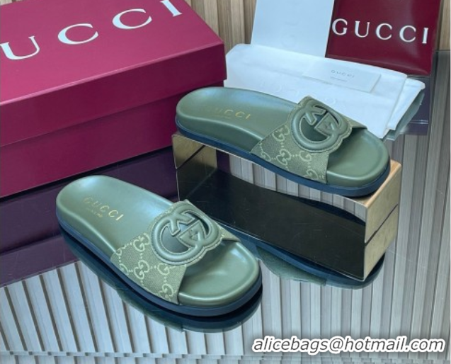 Shop Duplicate Gucci GG Canvas Interlocking G Flat Slides Sandal GG030502 Green 2026