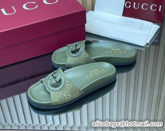 Shop Duplicate Gucci GG Canvas Interlocking G Flat Slides Sandal GG030502 Green 2026